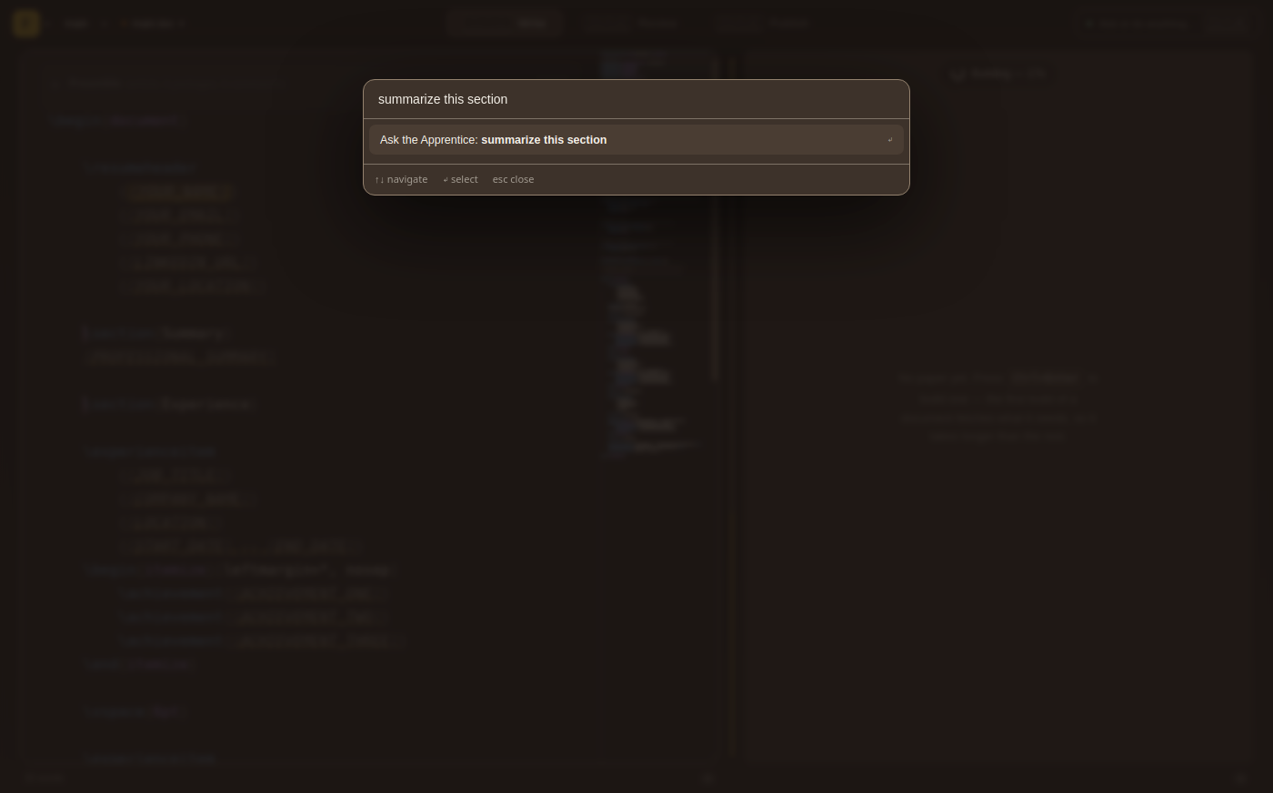 Flow's Ctrl+K palette showing 'Ask the Apprentice: summarize this section' — ask the AI in plain English