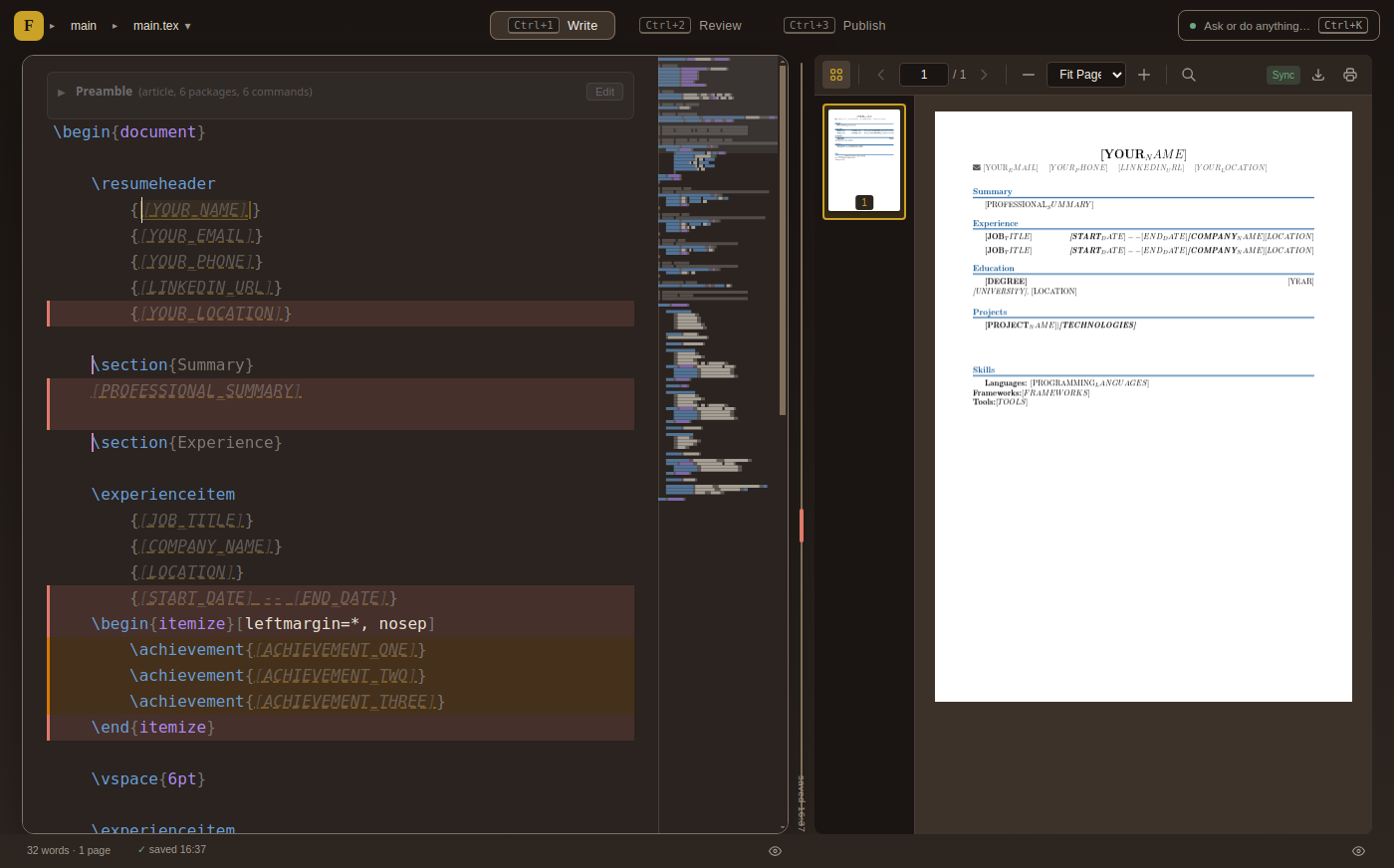 Flow with the LaTeX source on the left and the live, Tectonic-compiled PDF preview on the right