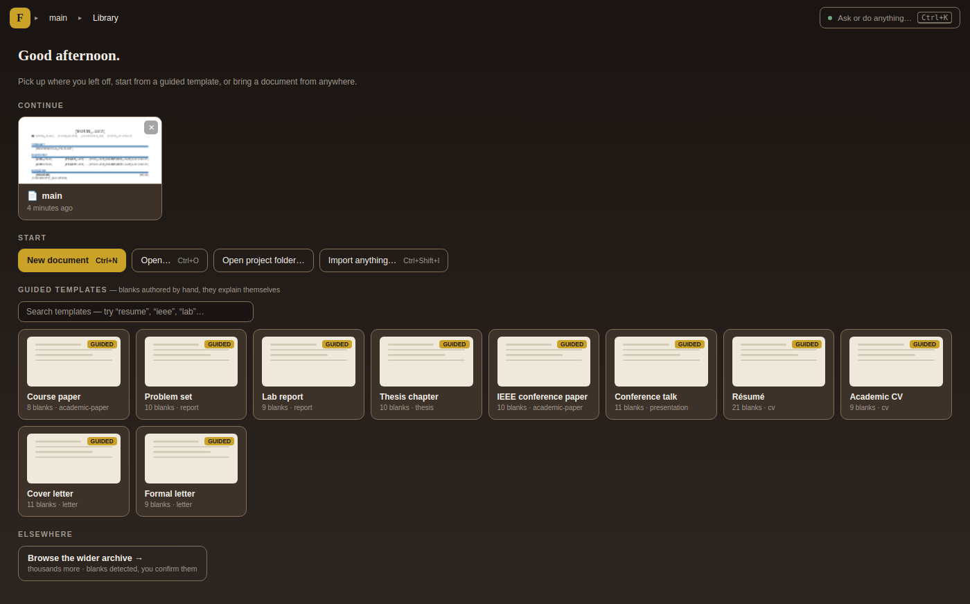 Flow's Library: a welcoming home screen with guided templates, each showing how many blanks it has to fill in